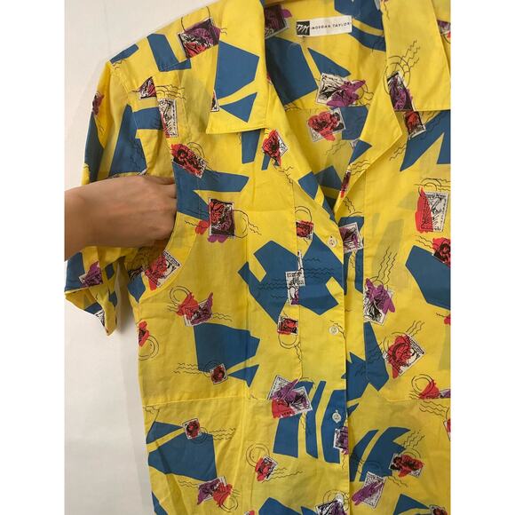Fun Loud Yellow 80’s Short Sleeve Button Up Postal Stamp Shirt - Picture 2 of 7